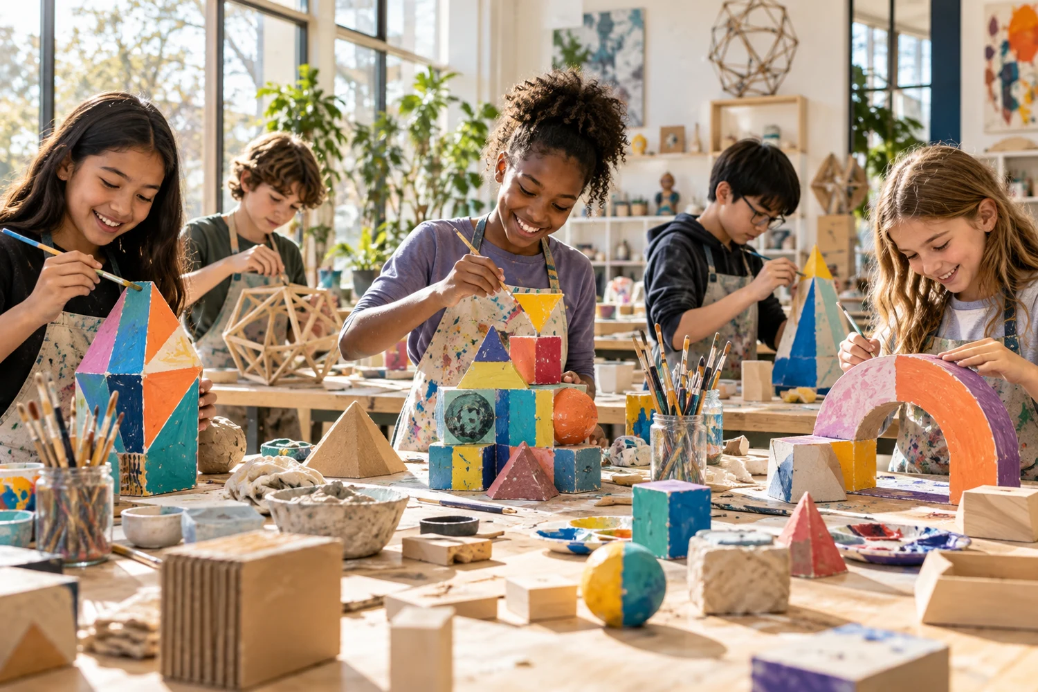 Children sculpting and painting creative projects