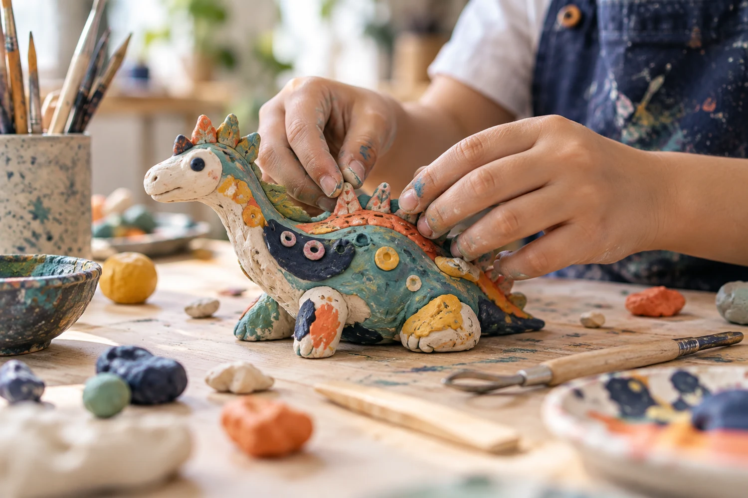 Hands shaping a painted clay sculpture