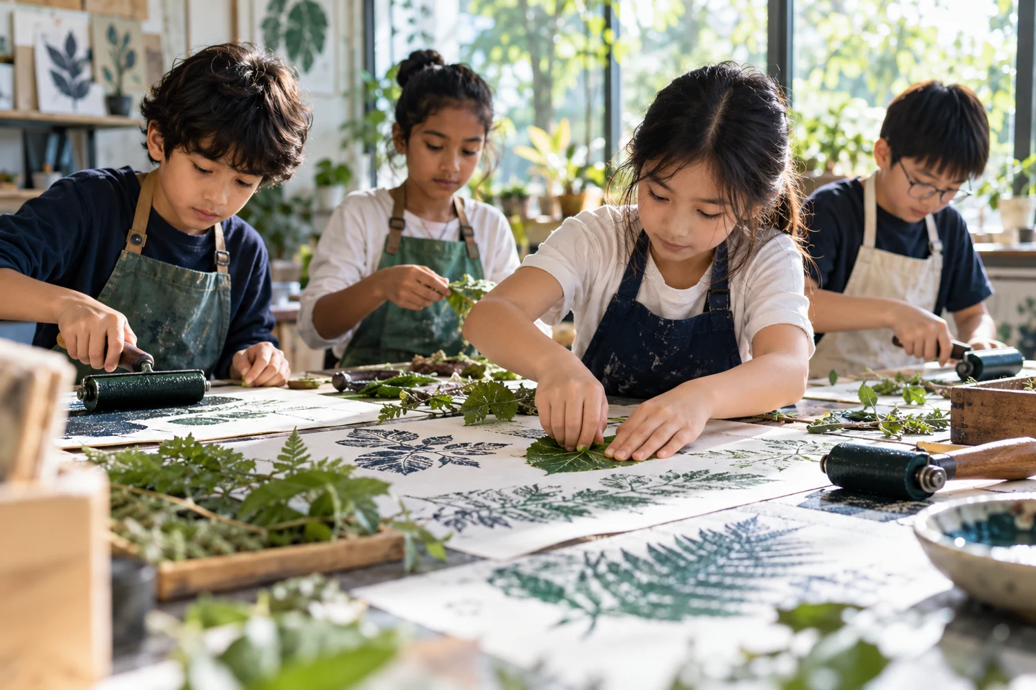 Children making botanical prints from leaves