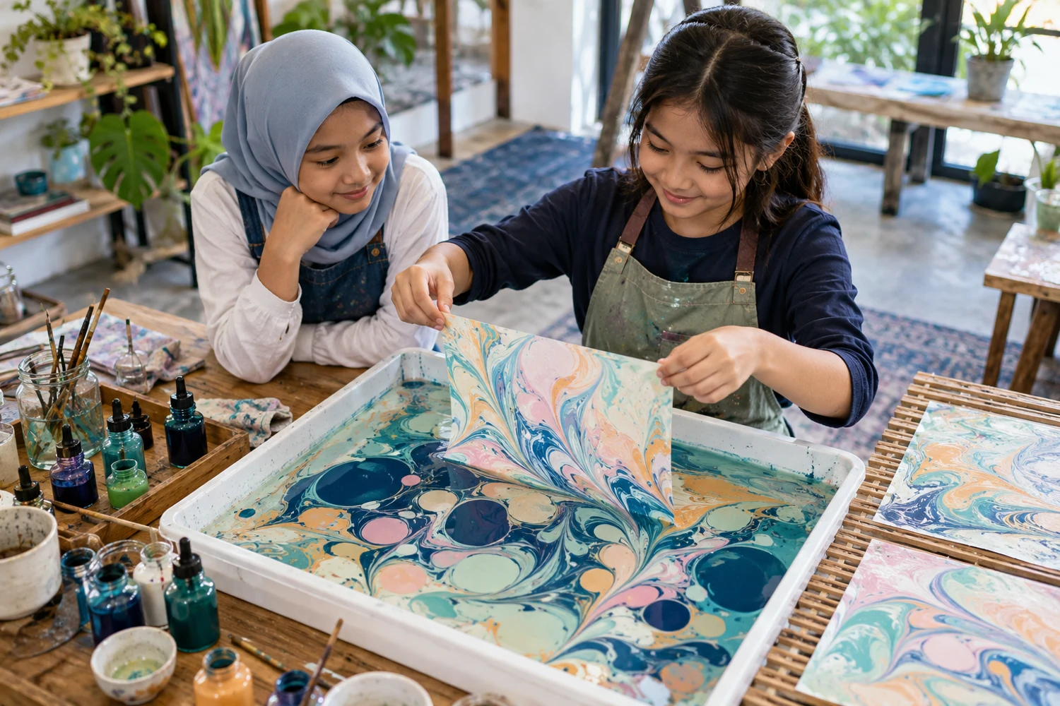 Children making colourful marbled paper