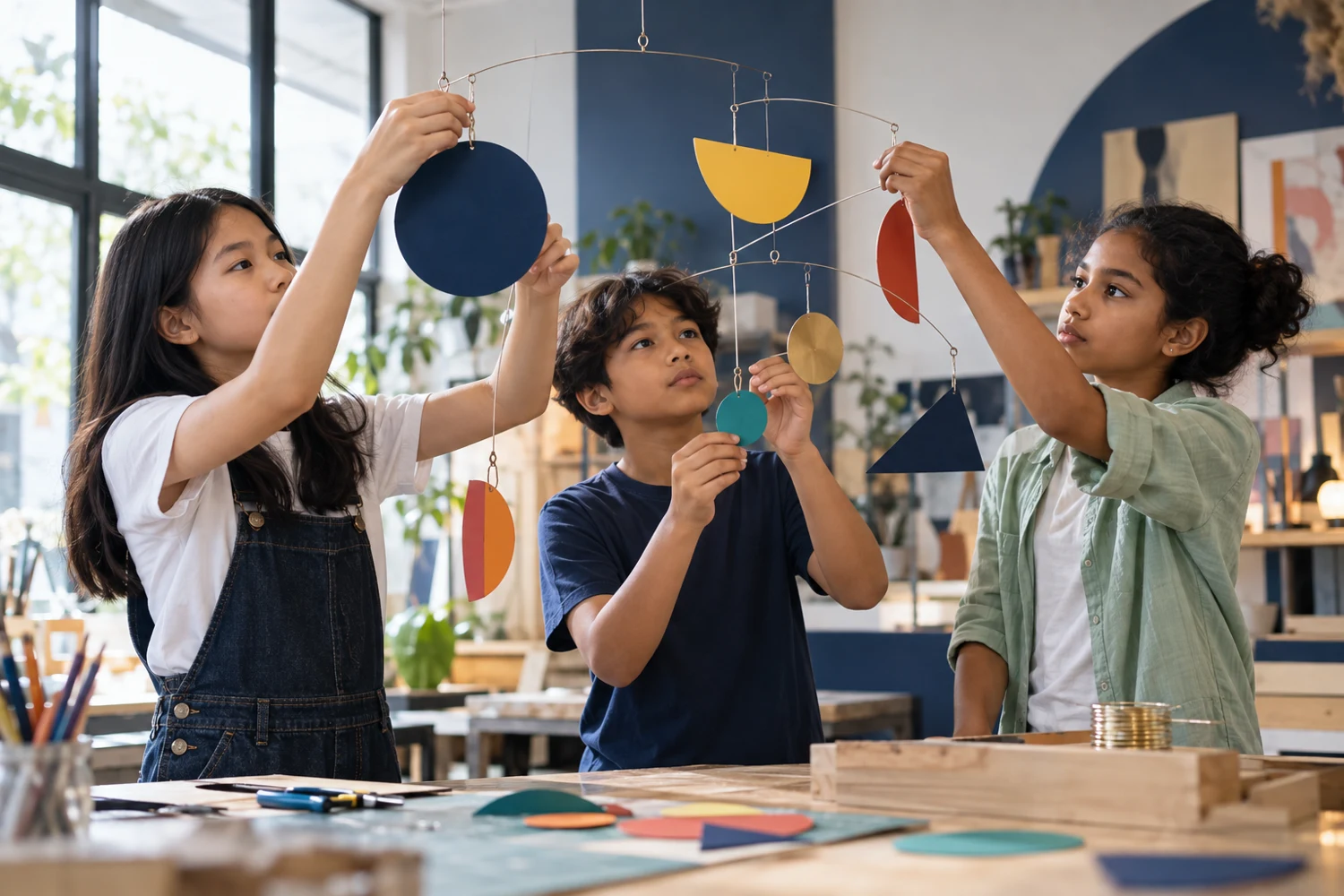 Young artists creating a kinetic mobile