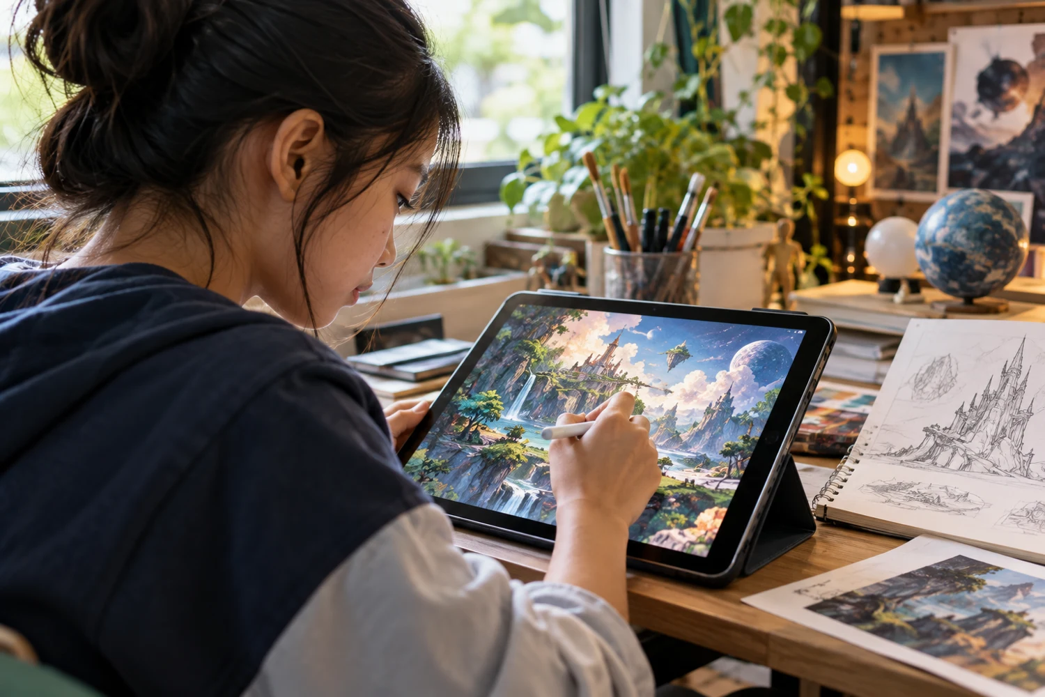 A young artist making a digital illustration