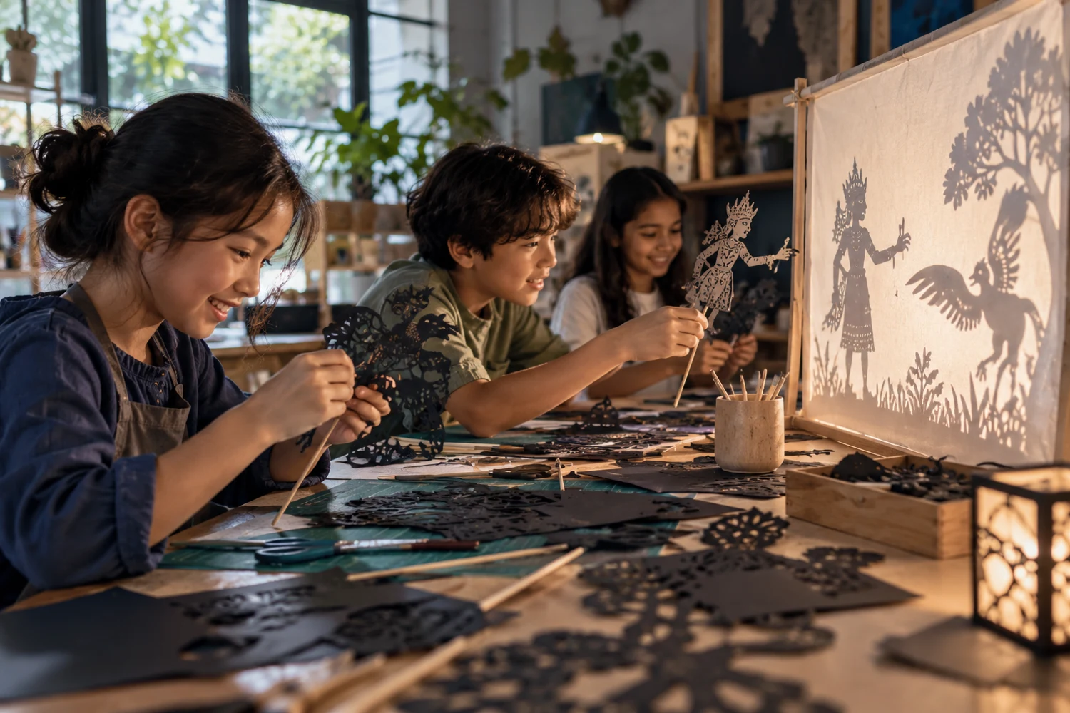 Children designing theatrical shadow puppets