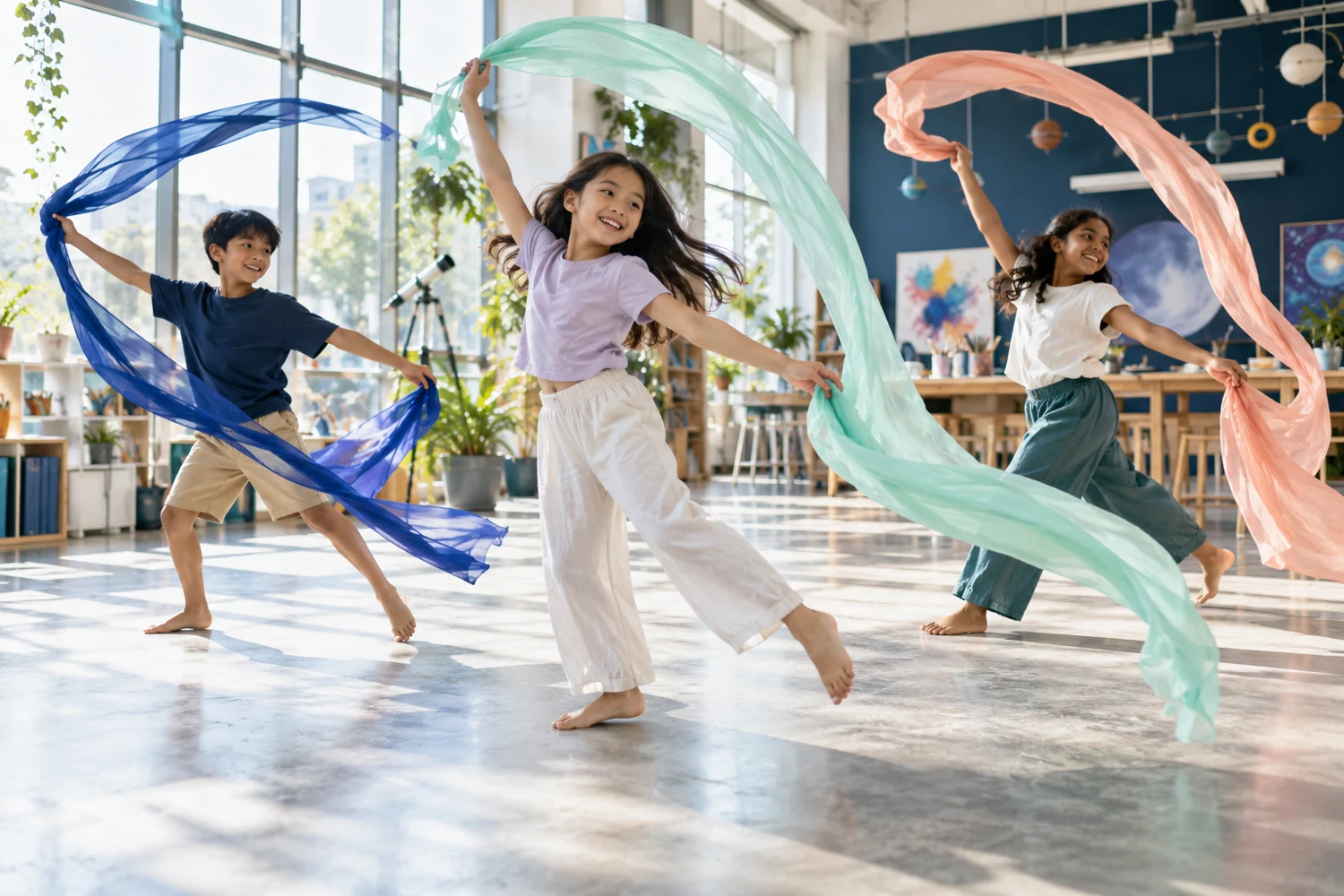 Children expressing movement with colourful ribbons