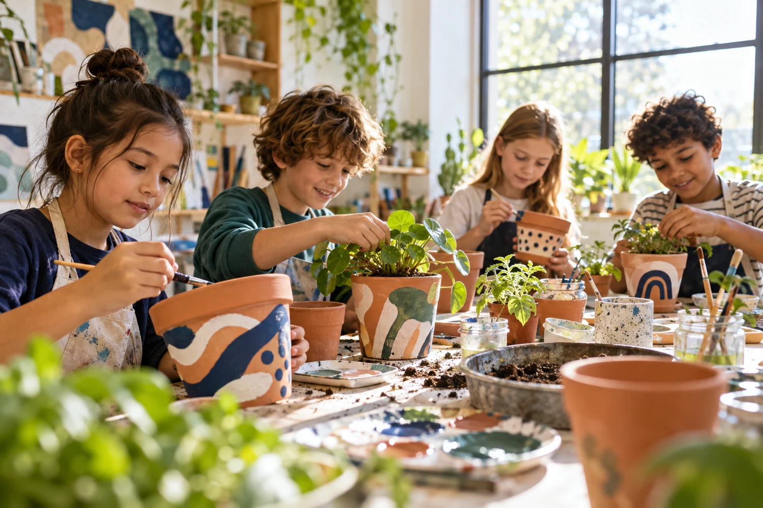Children decorating planters and arranging living plants