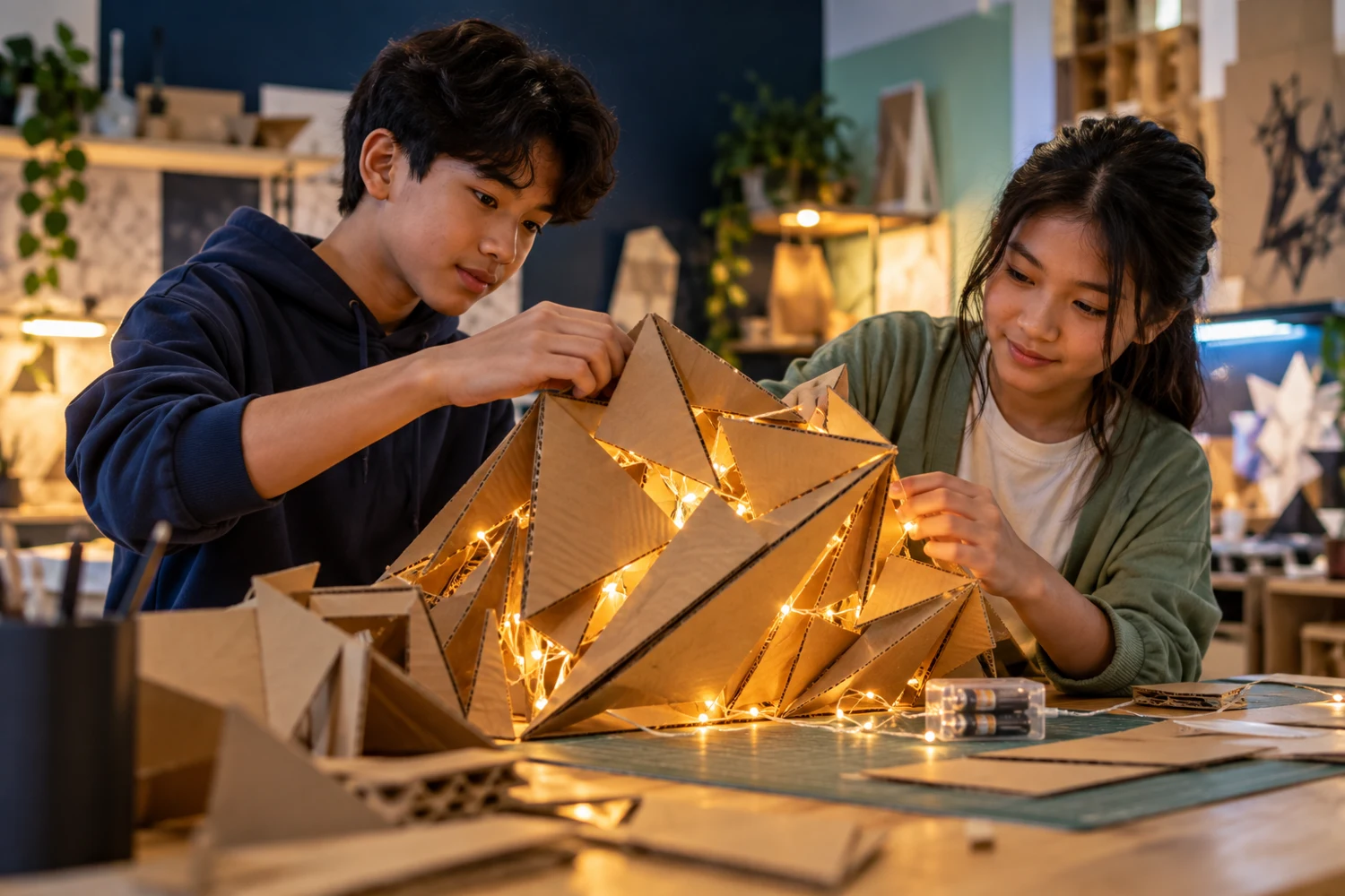 Young artists constructing a sculptural light installation