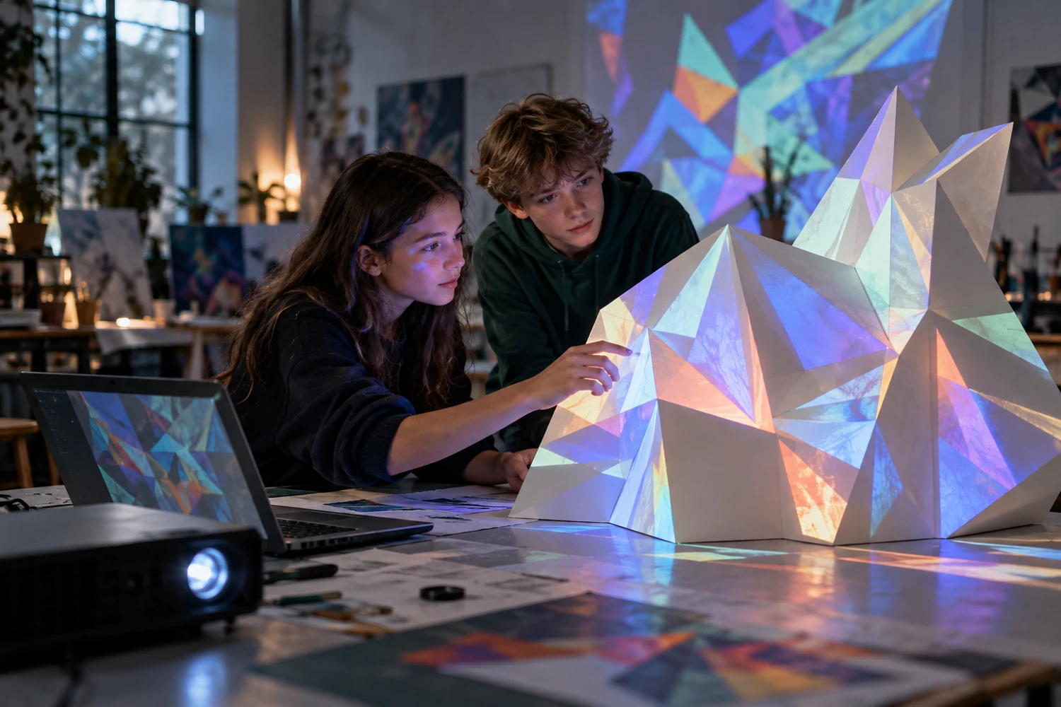 Projection art illuminating a folded paper sculpture