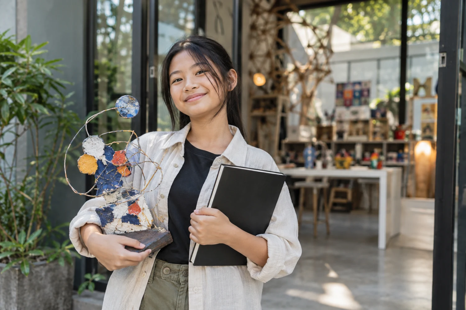 A young creator carrying a handmade sculpture and sketchbook